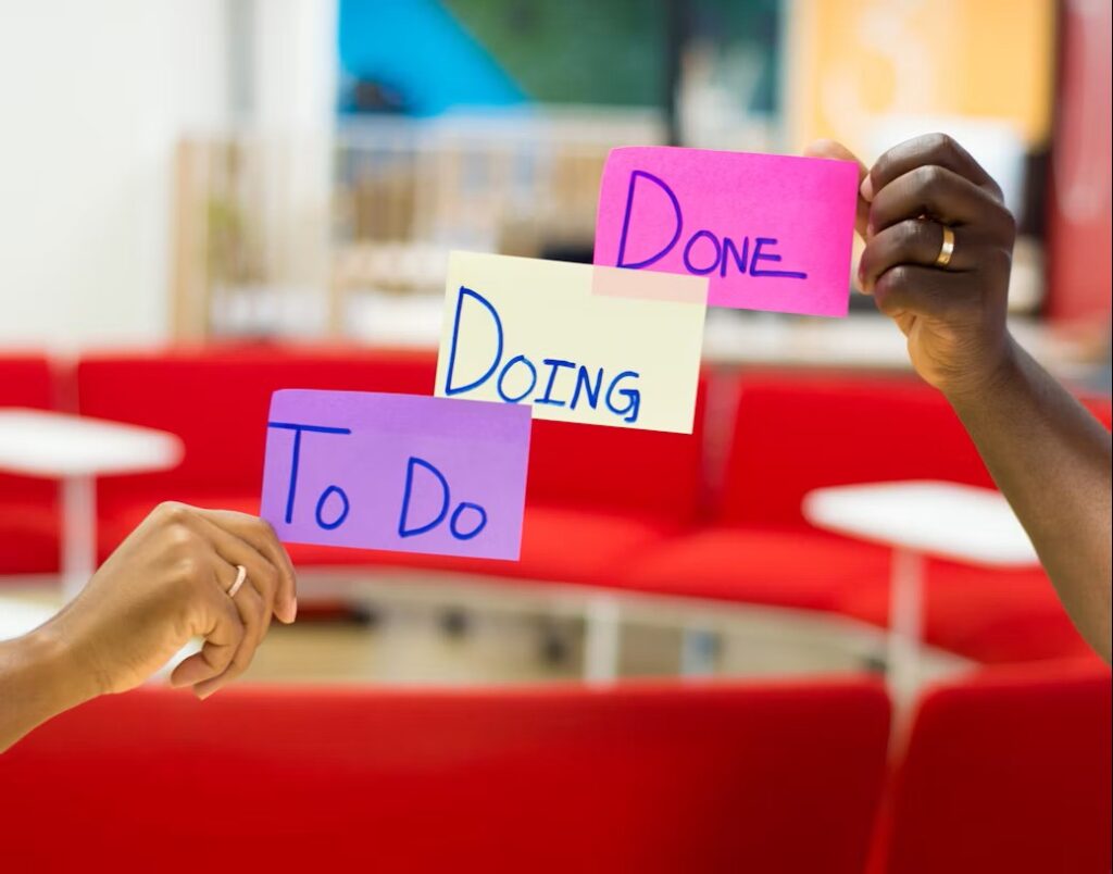 שתי ידיים מחזיקות פתקיות עם הכיתוב To Do, Doing, Done